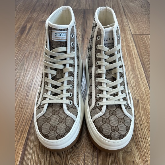 NEW GUCCI GG Monogram Beige Canvas High-Top Sneakers in Men's Size 9 - Picture 5 of 11
